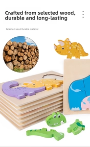 Detailed view of 3D wooden animal puzzles for kids featuring dinosaur and elephant shapes
