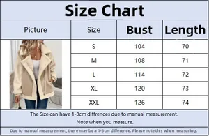 Size chart showing S to XXL measurements for women's shearling moto jacket with detail