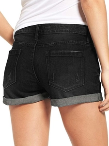 Pantalones cortos vaqueros negros de cintura alta para mujer con dobladillo y bolsillos