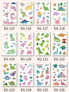 Detail view of 12 dinosaur glitter tattoo stickers in 3x4 grid for kids party