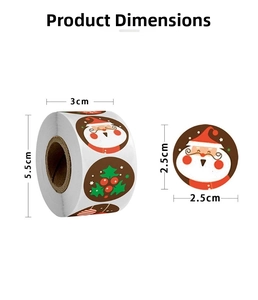 Detailed size chart for Christmas stickers roll showing 2.5cm diameter and 3cm width