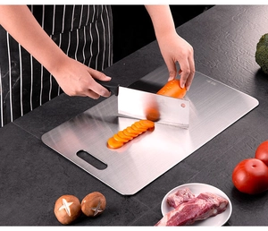 Macro shot of 304 stainless steel cutting board with brushed texture and handle