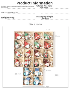 Detailed view of colorful wooden gnome ornaments set with size dimensions and twine