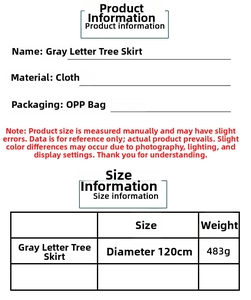 Detailed size chart for gray flannel Christmas tree skirt with 120cm diameter