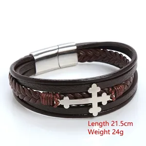 Handmade multilayer leather cross bracelet with magnetic steel clasp, 21.5cm length