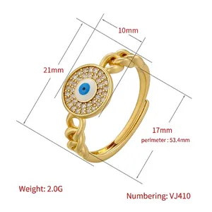 Adjustable 18K gold plated brass evil eye ring with blue center and white zircons