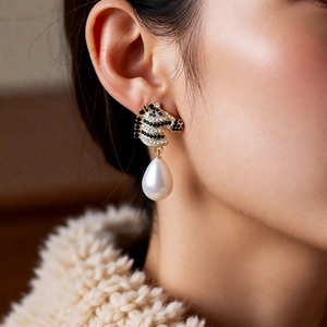 Detail of vintage zebra stud earring with sparkling crystals and a white teardrop pearl