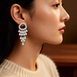 Macro detail of cascading pear-shaped zircon tassels on silver needle drop earrings