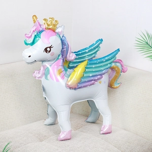 3D Standing Unicorn Foil Balloon with Golden Crown and Rainbow Wings for Party Decor