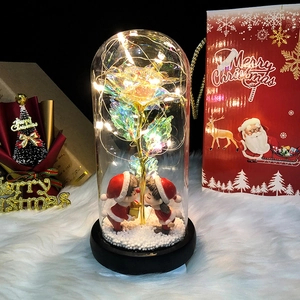 Detail of gold foil rose and LED lights inside a glass dome with festive decor