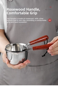Macro view of stainless steel melting pot featuring heat-resistant rosewood handle