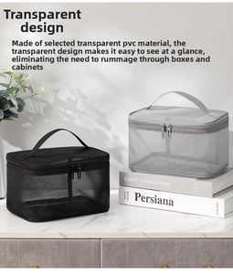 Close-up of PVC mesh toiletry bags with dual zippers and handles on marble