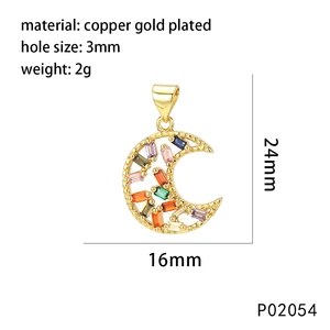 Gold-plated moon pendant with colorful cubic zirconia and dimensions 16mm x 24mm