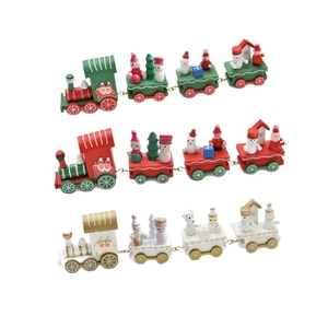 Three wooden Christmas train sets with Santa and snowman figures on white background