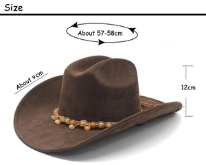 Close-up of ethnic beaded band on dark coffee suede cowboy hat with size dimensions