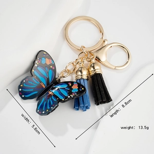 Blue butterfly keychain with metallic ring, colorful tassels, width 5.6cm and length 8.8cm