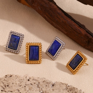 Orecchini a Bottone Rettangolari in Acciaio Inossidabile con Lapislazzuli Vintage per Donna Gioielli Retro Geometrici Placcati in Oro 18K