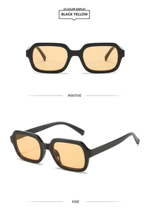 Front and side view of retro square black sunglasses with vibrant yellow lenses