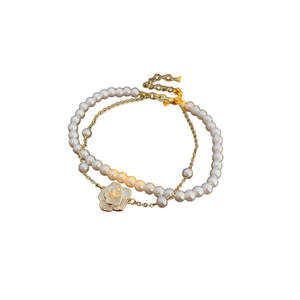 Double-layer gold-plated camellia pearl bracelet with adjustable chain and floral charm