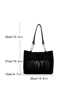 Large black tote bag with HOOTO lettering, metal chain strap and detailed size dimensions