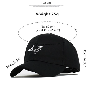 Detail of satellite embroidery on a black cotton twill baseball cap with curved brim