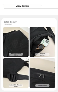 Detailed views of water-repellent nylon bag with adjustable strap and dual zipper closure