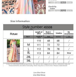Size chart for women's graffiti print dress showing bust, waist, and length measurements