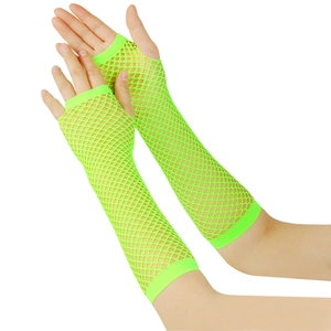 Detail view of neon green long fishnet fingerless gloves with elastic mesh texture