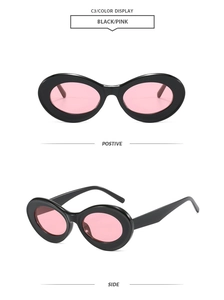 Detailed front and side views of vintage oval thick frame sunglasses with pink lenses