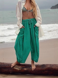Bohemian green striped wide leg trousers with drawstring elastic waist for casual beachwear