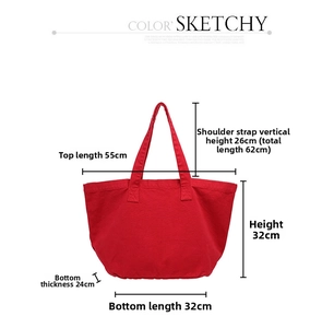 Detailed size chart for red vintage canvas tote bag with specific dimensions and strap height
