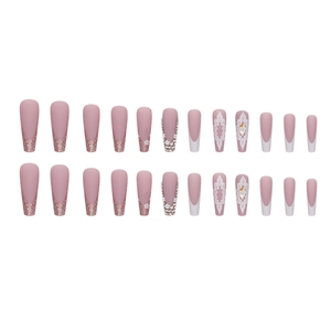 French style long trapezoid fake nails set with pink glitter, white flowers and rhinestones