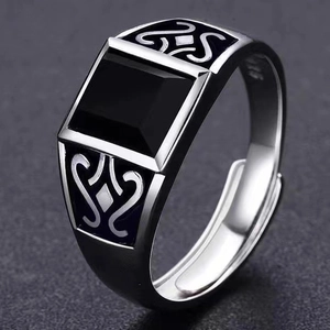 Men's vintage adjustable silver ring with square black stone and carved totem sides