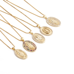 Virgin Mary Guadalupe Religious Pendant Necklace Copper Gold Plated Colorful Zircon Box Chain Jewelry