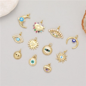 14K gold plated bohemian charms with evil eye, sun and moon designs for DIY jewelry