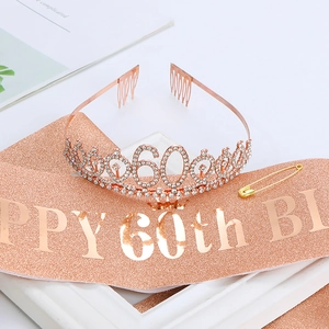 Rose gold 60th birthday crown and sash set with rhinestones for party celebrations