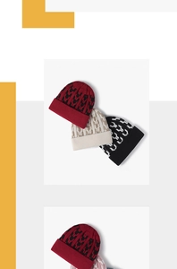 Detailed close-up of thick jacquard knit winter beanies with geometric chain patterns