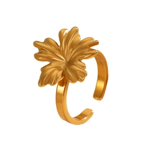 Detailed close-up of a matte gold flower petal ring with adjustable open band design