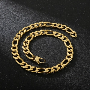 Detailed close-up of gold-plated titanium steel NK chain with lobster clasp on black background