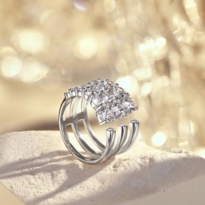 Close-up of S925 sterling silver multi-layer open ring with sparkling zircon inlays