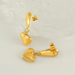 18K gold plated stainless steel heart drop earrings with radiant textured heart charms