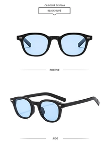 Detailed front and side views of vintage oval sunglasses with black frame and blue lenses