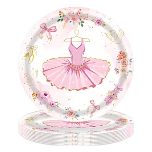 Disposable ballet tutu paper plates with gold swan details for girl birthday parties