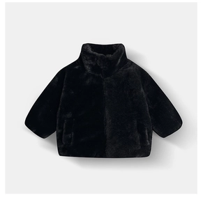 Close-up of black faux fur kid's jacket featuring a plush stand collar and cozy texture