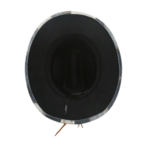 Detailed top view of a wide brim jazz hat with blue white plaid trim and brown strap