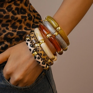 Leopard Print Acrylic Resin Bamboo Tube Bracelet Elastic Geometric Amber Marble Pattern Fashion Jewelry For Women