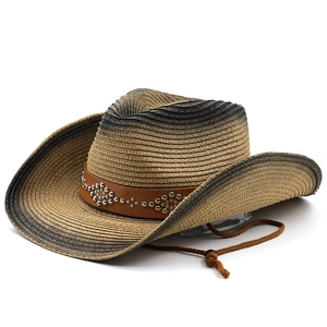 Western cowboy straw hat with gradient color, rivet leather band and chin strap