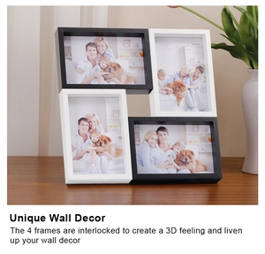 Detail of 4-opening interconnected 3D photo frame in black and white on a wooden desk