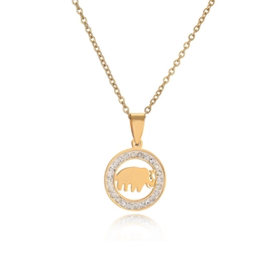 Close-up of golden necklace with crystal-studded mammoth silhouette round pendant