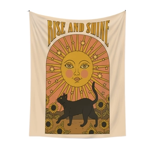 Rise and Shine vintage sun and black cat tapestry for bohemian room wall decoration